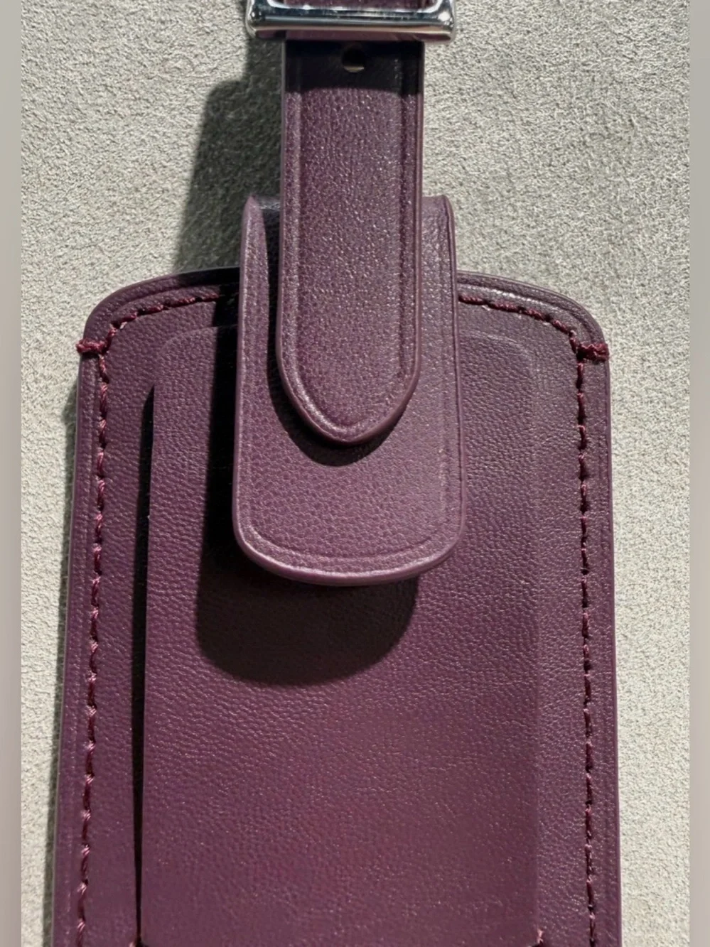 NEW Tumi 3.625” x 2.25” Leather Luggage Name Tag w/ Buckle - PURPLE